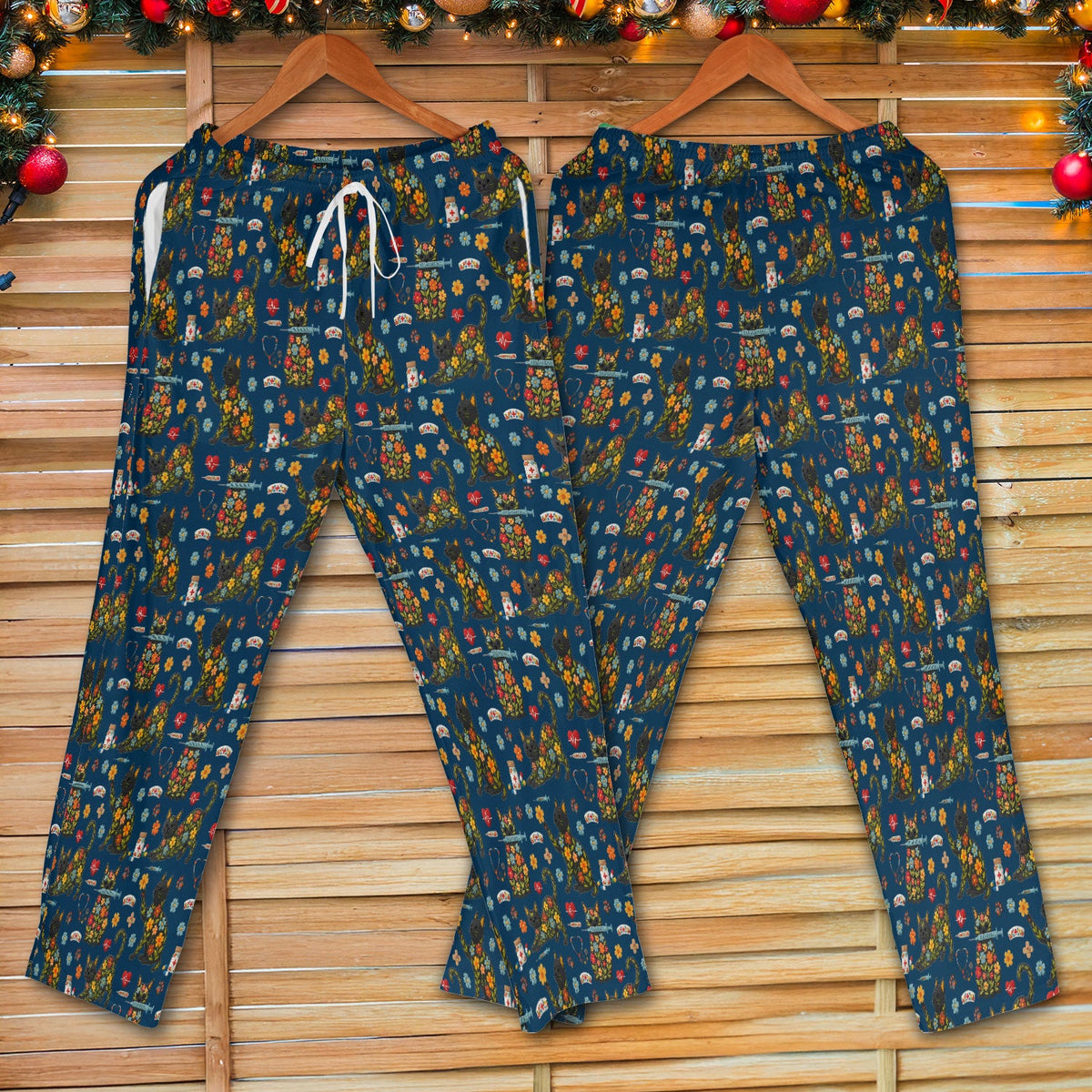 Floral Black Cat Nurse Scrub Set