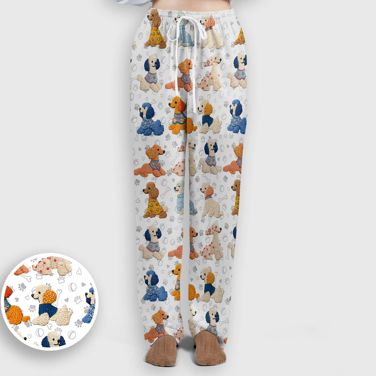 Cute Colorful Poodle Pattern Scrub Set, Scrub Pants and V Neck Top