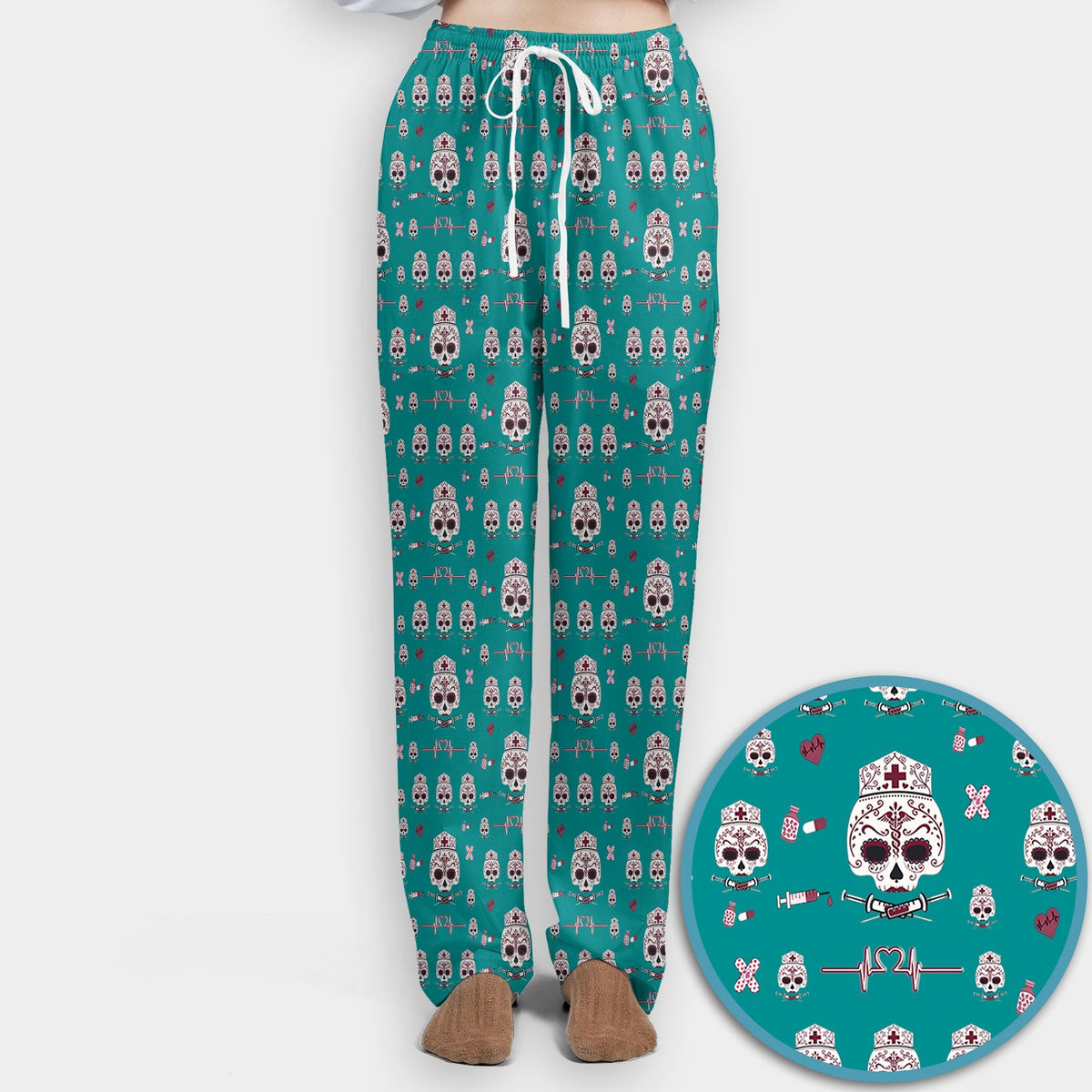 Sugar Skull Scrub Set, Skull Pattern Scrub Shirt, Breathable Fabrics Nursing Uniform