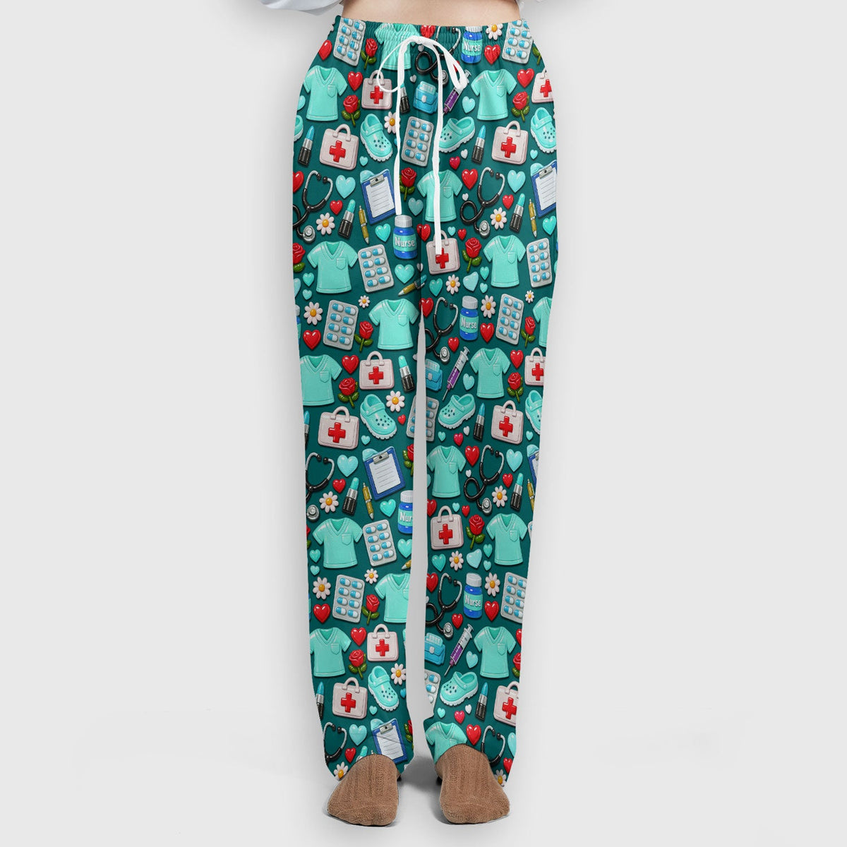 Medical Icons Scrub Set, Cute Pattern Nurse Shirt, Breathable Fabrics Nursing Uniform