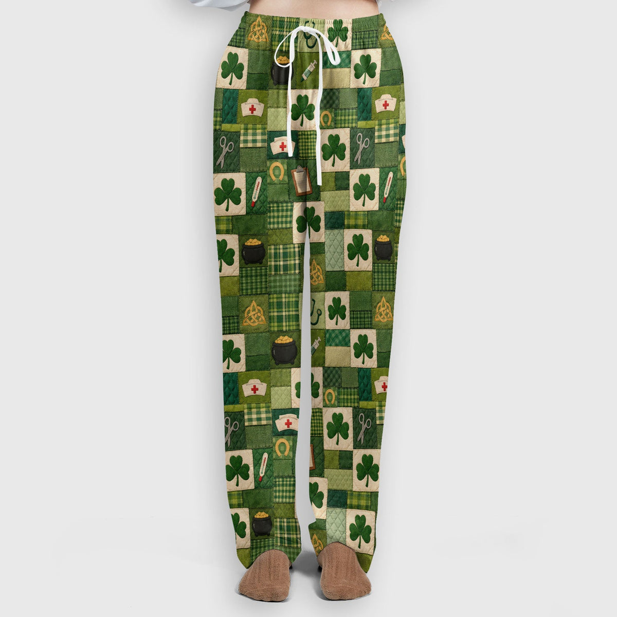 St Patrick Medical Patchwork Shamrock Scrub Set, Scrub Pants and V Neck Top