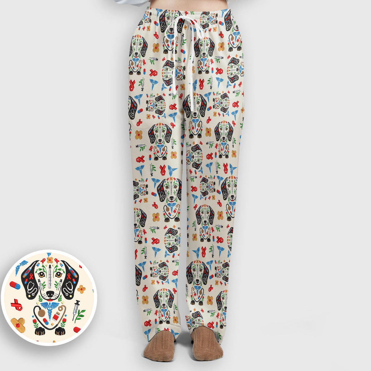 Dachshund Medical Icon Pattern Scrub Set, Women's Scrub Sets