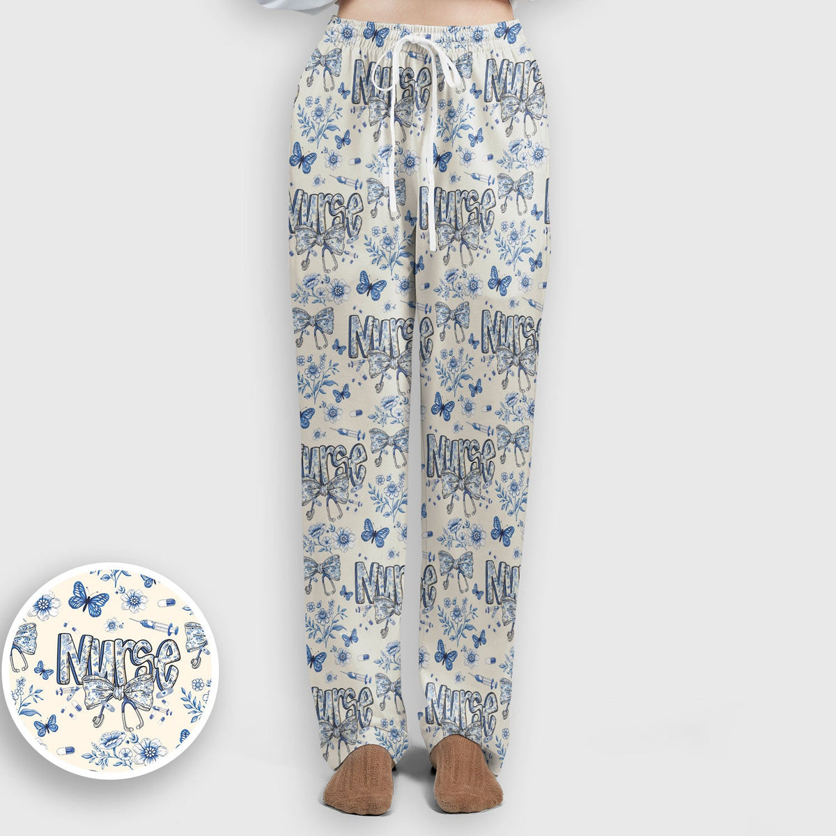 Blue Nurse Bow Butterfly Floral Scrub Set