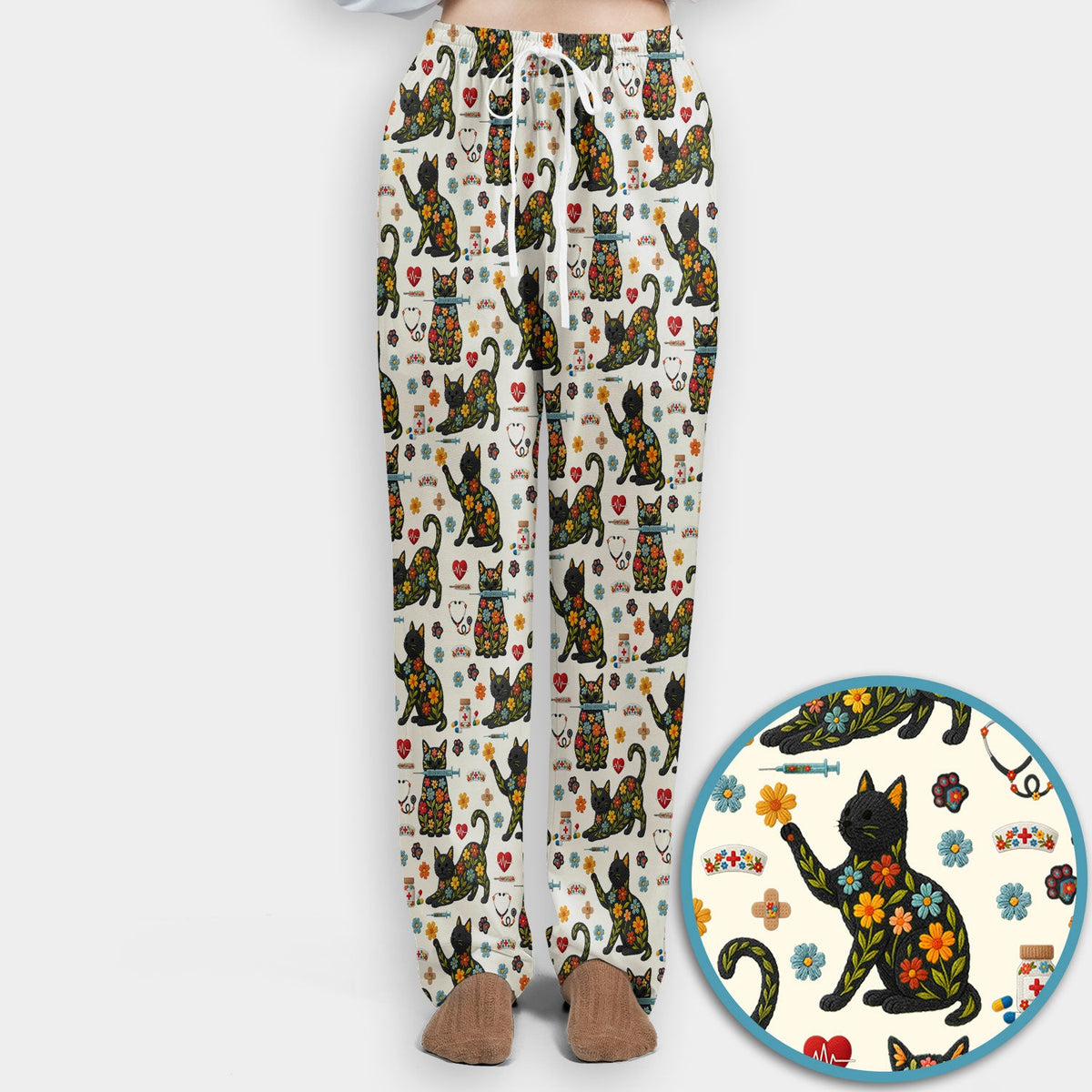 Floral Black Cat Nurse Scrub Set