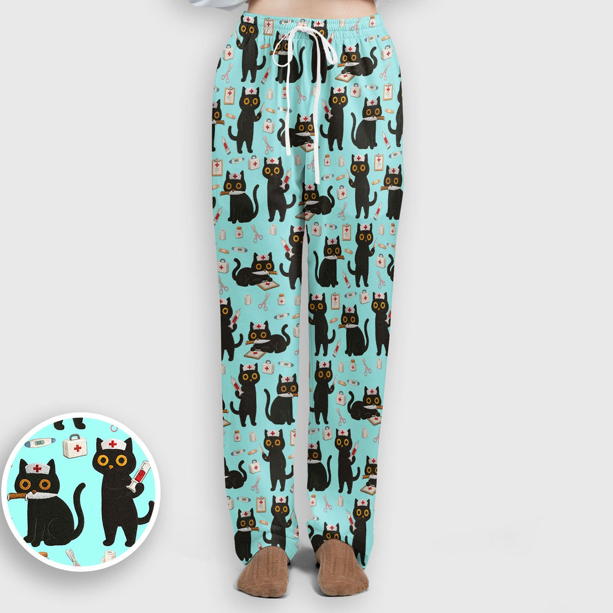 Cute Teal Black Cat Nurse Scrub Set
