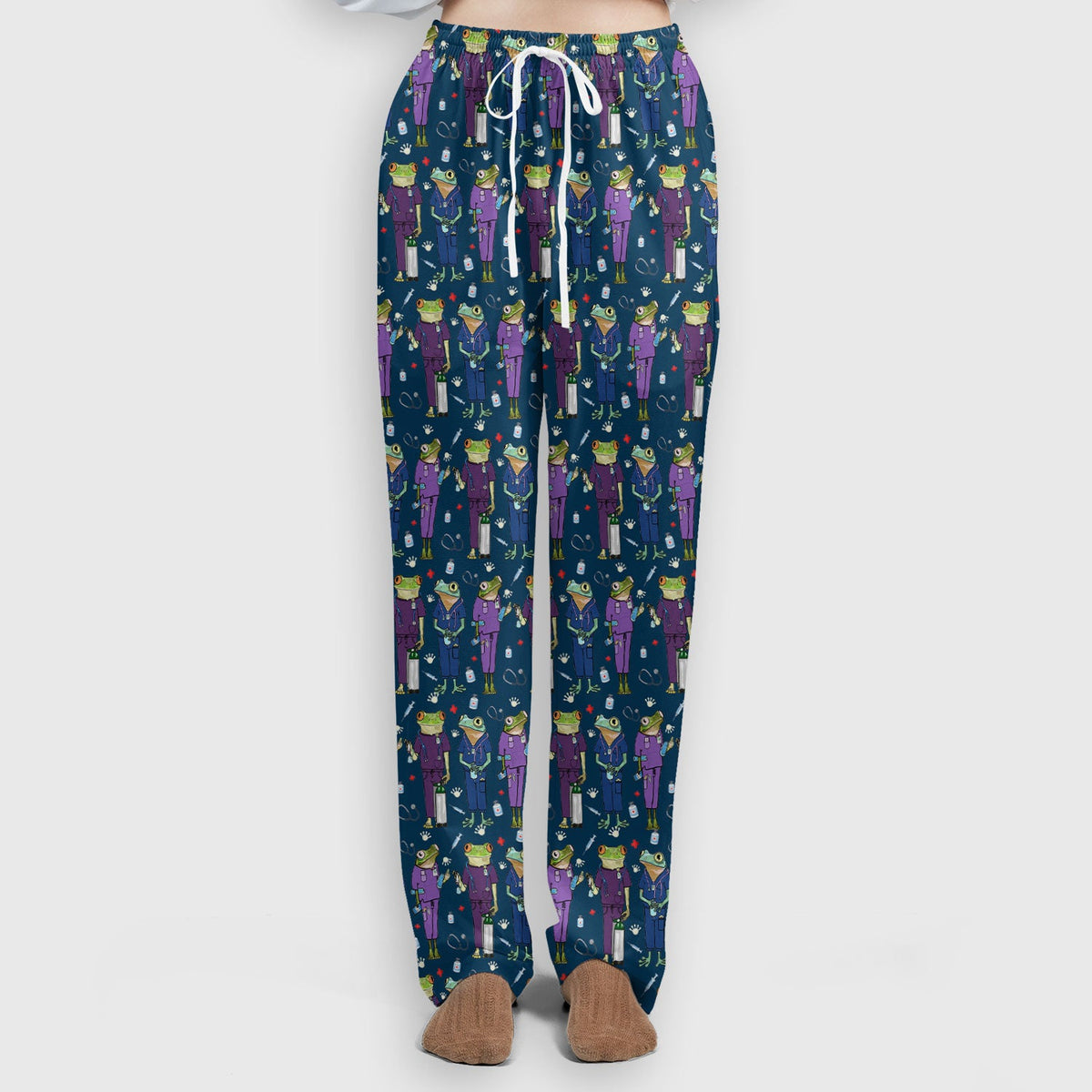 Funny Frog Nurse Pattern Scrub Set, Scrub Pants and V Neck Top