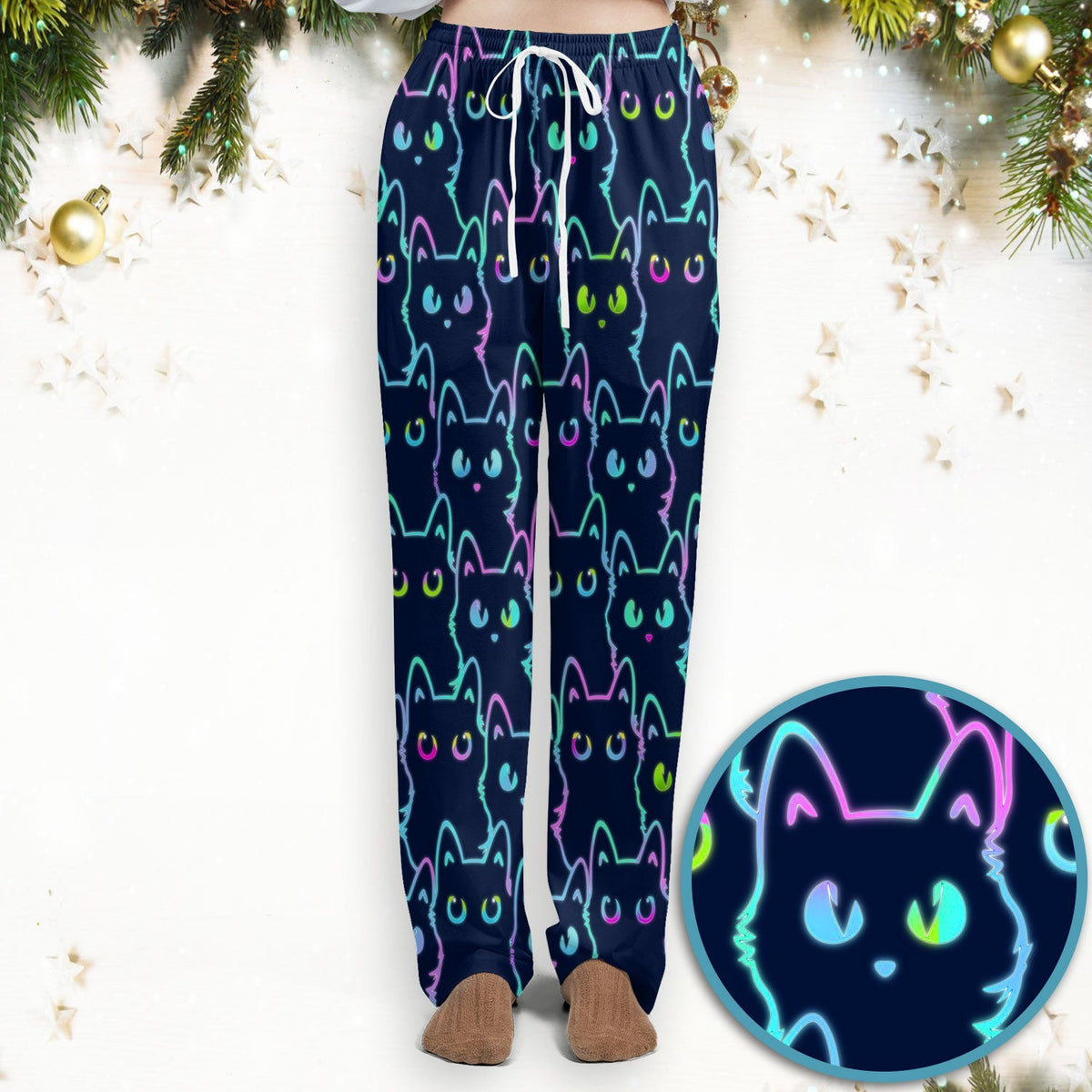 Neon Cat Pattern Scrub Set, Black Cat Scrub Shirt, Breathable Fabrics Nursing Uniform