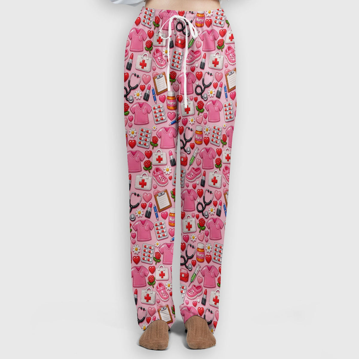 Medical Icons Scrub Set, Cute Pattern Nurse Shirt, Breathable Fabrics Nursing Uniform