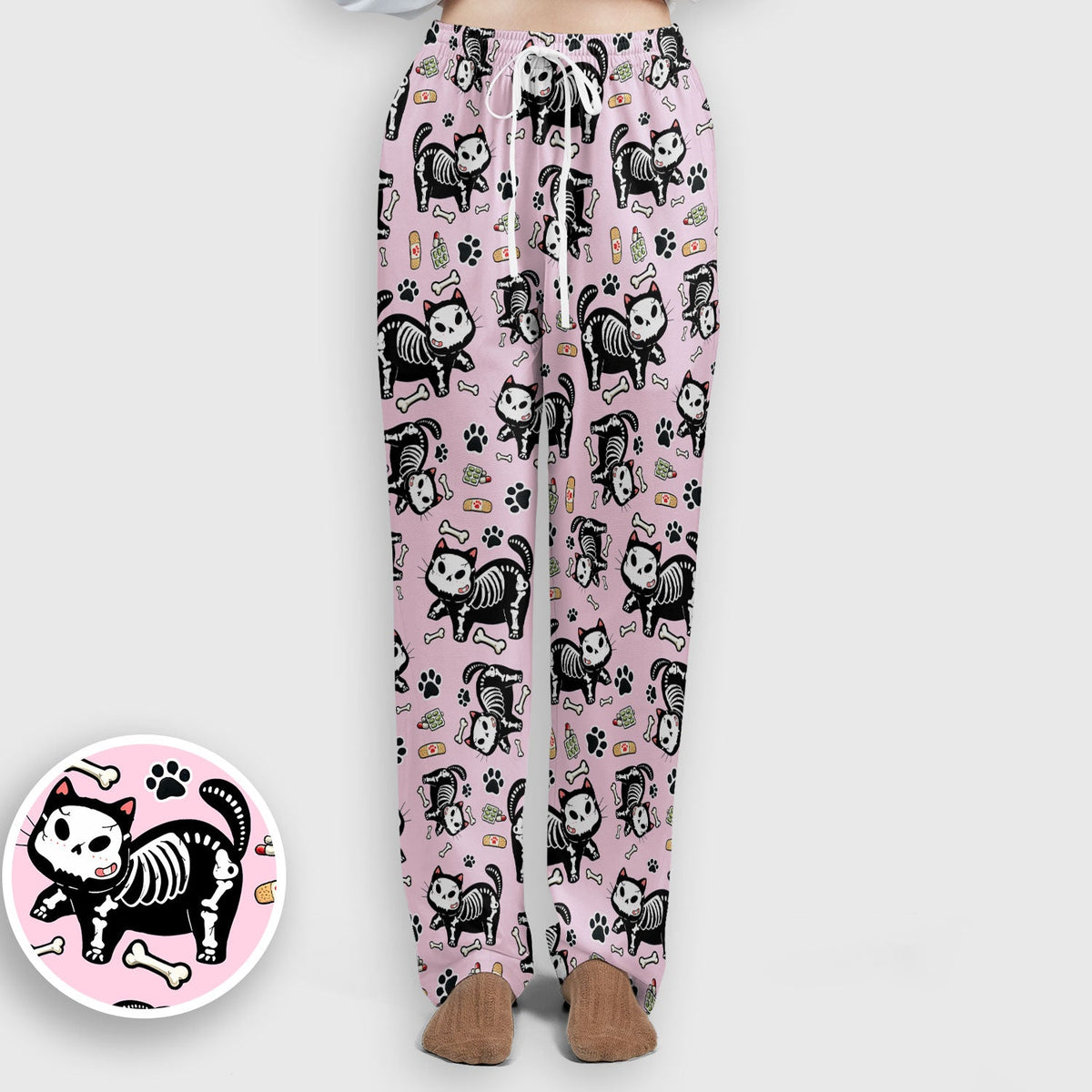 Skeleton Cat Medical Pattern Scrub Set, Scrub Pants and V Neck Top