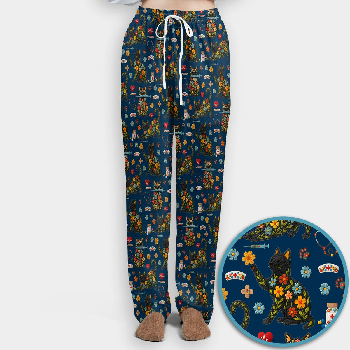 Floral Black Cat Nurse Scrub Set