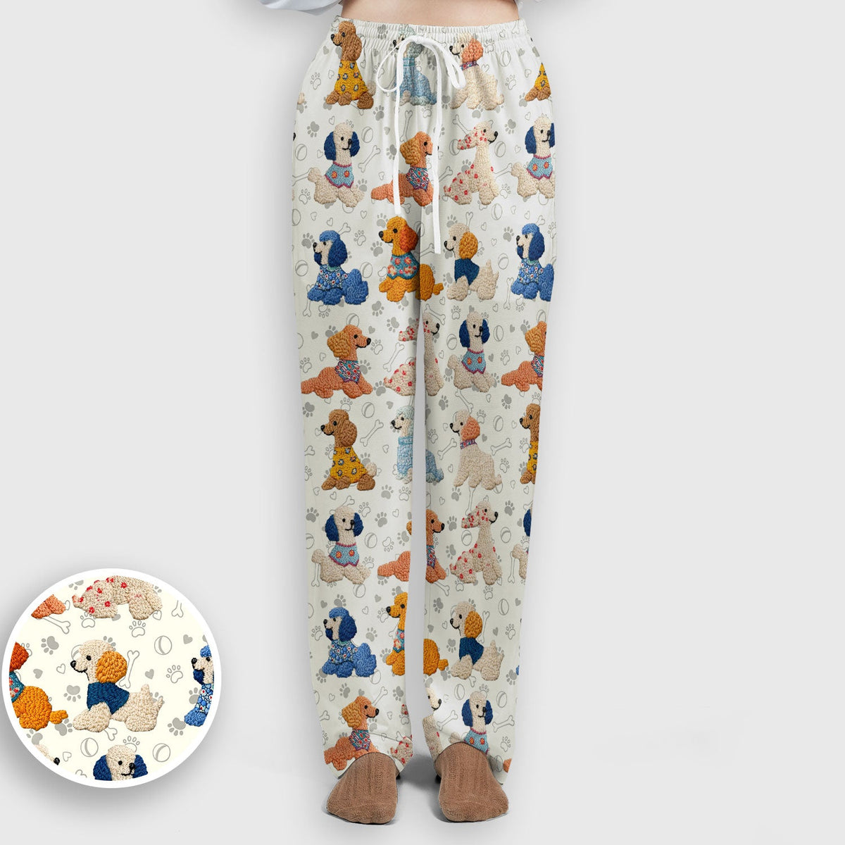 Cute Colorful Poodle Pattern Scrub Set, Scrub Pants and V Neck Top