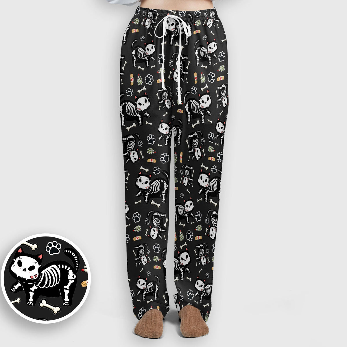 Skeleton Cat Medical Pattern Scrub Set, Scrub Pants and V Neck Top