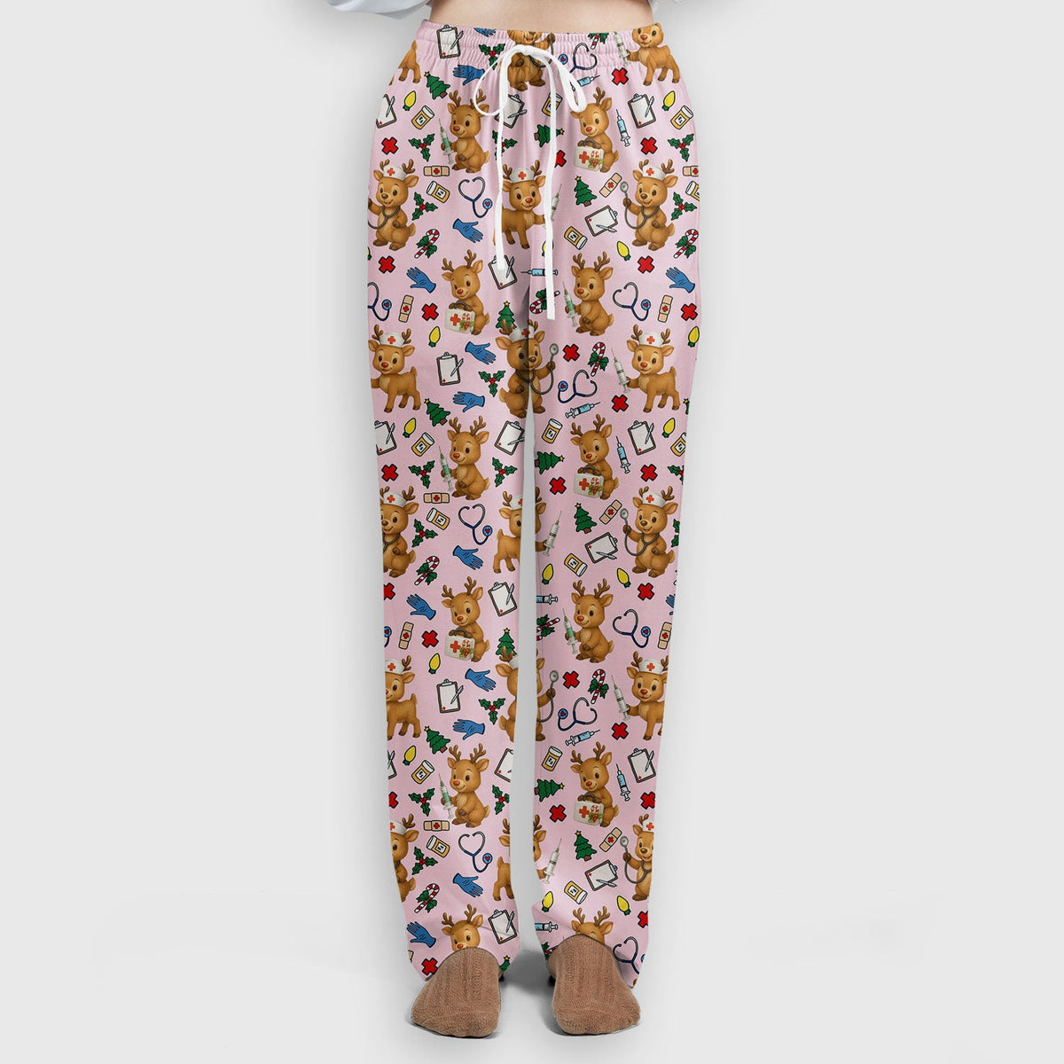 Christmas Scrub Tops and Pants - Reindeer Pattern Nurse Scrub Set - Cute Holiday Medical Print Scrubs for Women RN LPN CNA