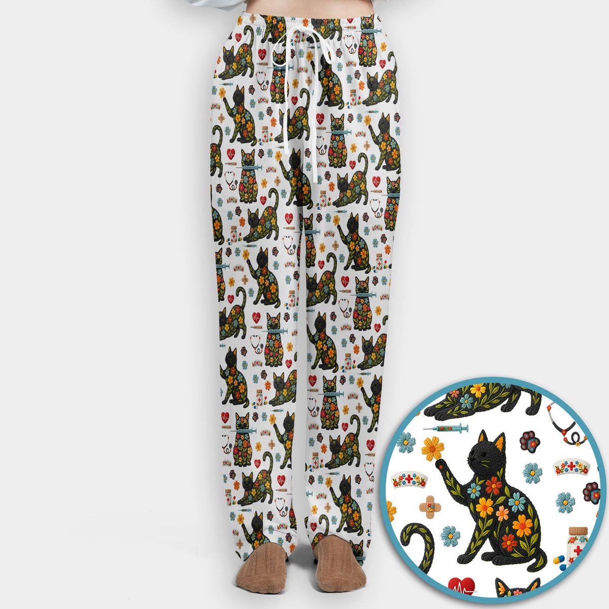 Floral Black Cat Nurse Scrub Set