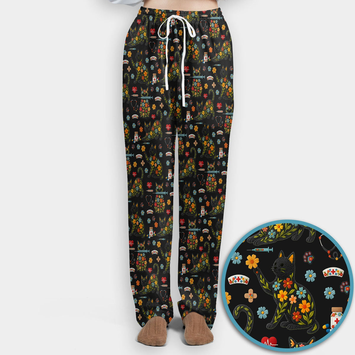 Floral Black Cat Nurse Scrub Set