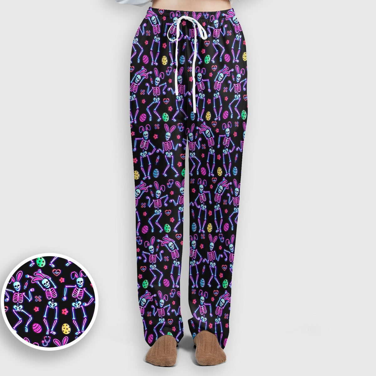 Neon Easter Skeleton Print Scrub Set, Scrub Pants and V Neck Top
