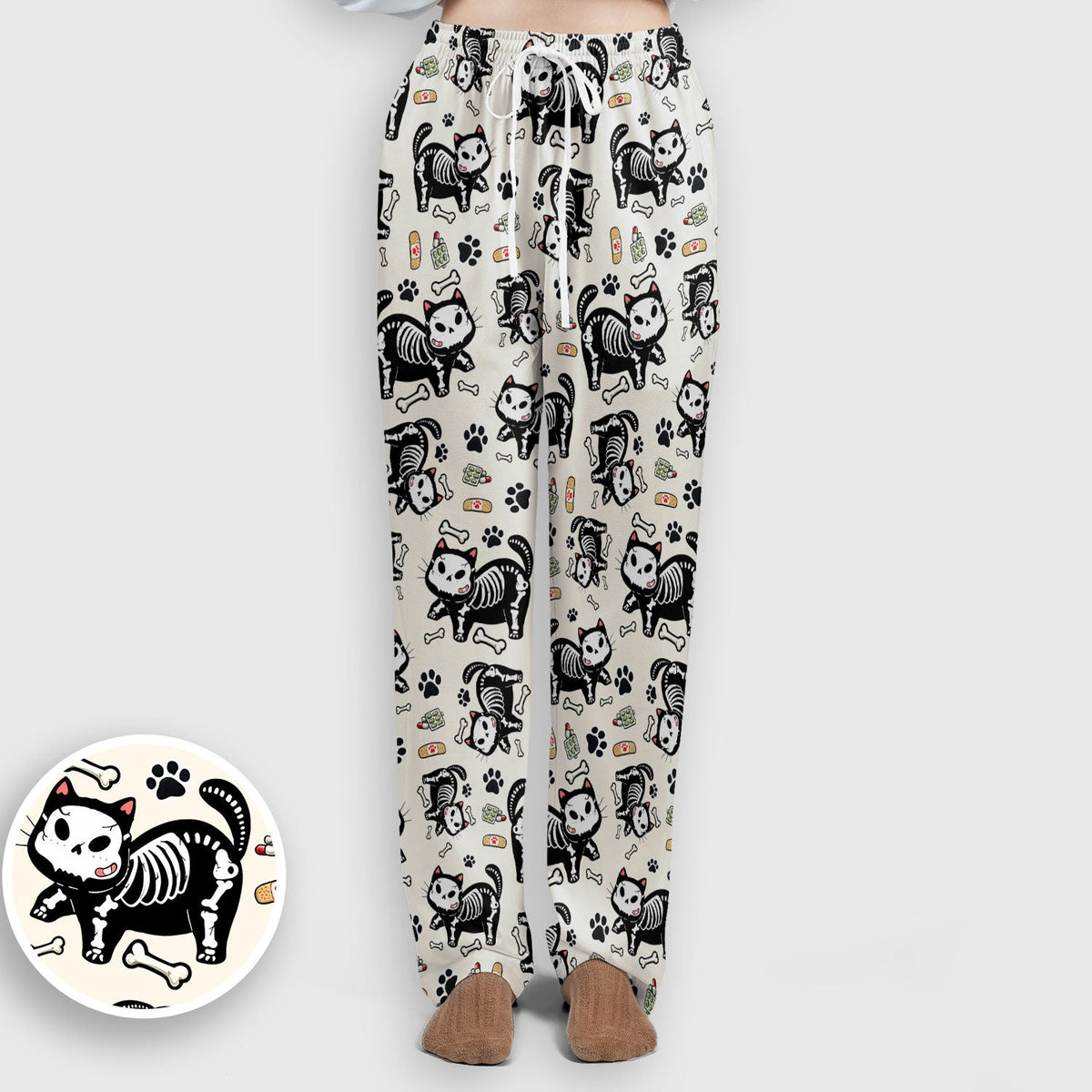 Skeleton Cat Medical Pattern Scrub Set, Scrub Pants and V Neck Top
