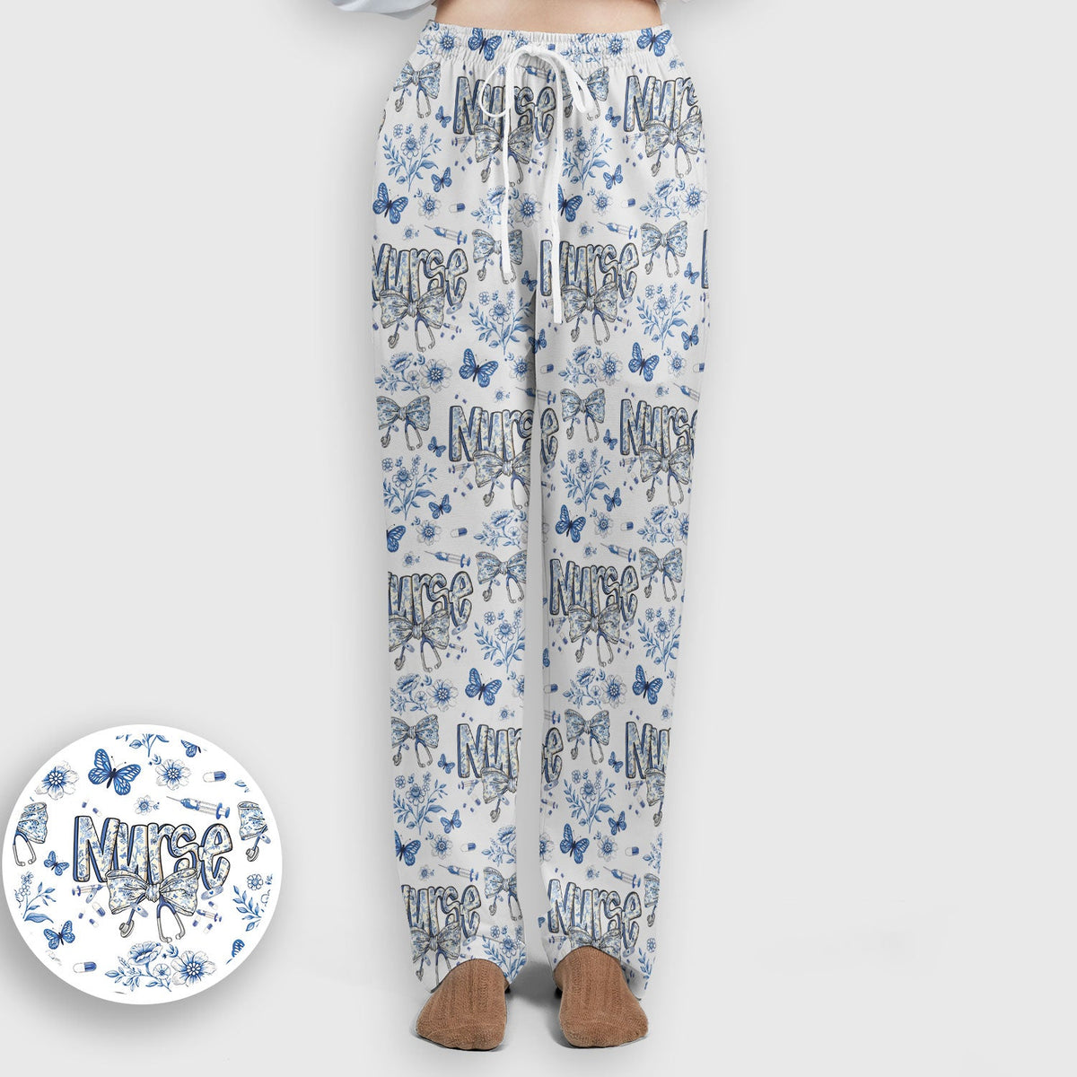 Blue Nurse Bow Butterfly Floral Scrub Set