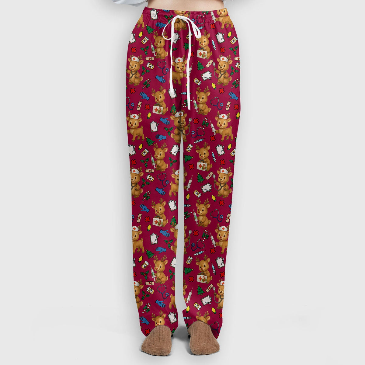 Christmas Scrub Tops and Pants - Reindeer Pattern Nurse Scrub Set - Cute Holiday Medical Print Scrubs for Women RN LPN CNA