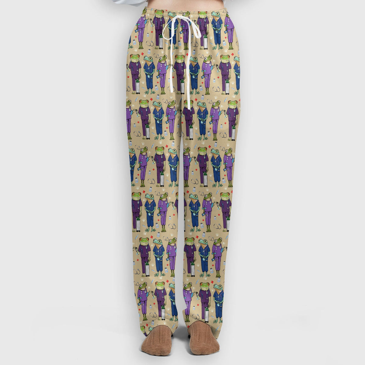 Funny Frog Nurse Pattern Scrub Set, Scrub Pants and V Neck Top