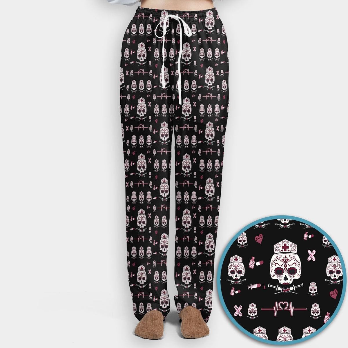 Sugar Skull Scrub Set, Skull Pattern Scrub Shirt, Breathable Fabrics Nursing Uniform