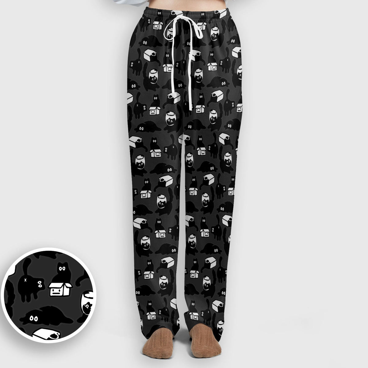 Dark Playful Cat Cartoon Pattern Scrub Set, Breathable Med Uniform
