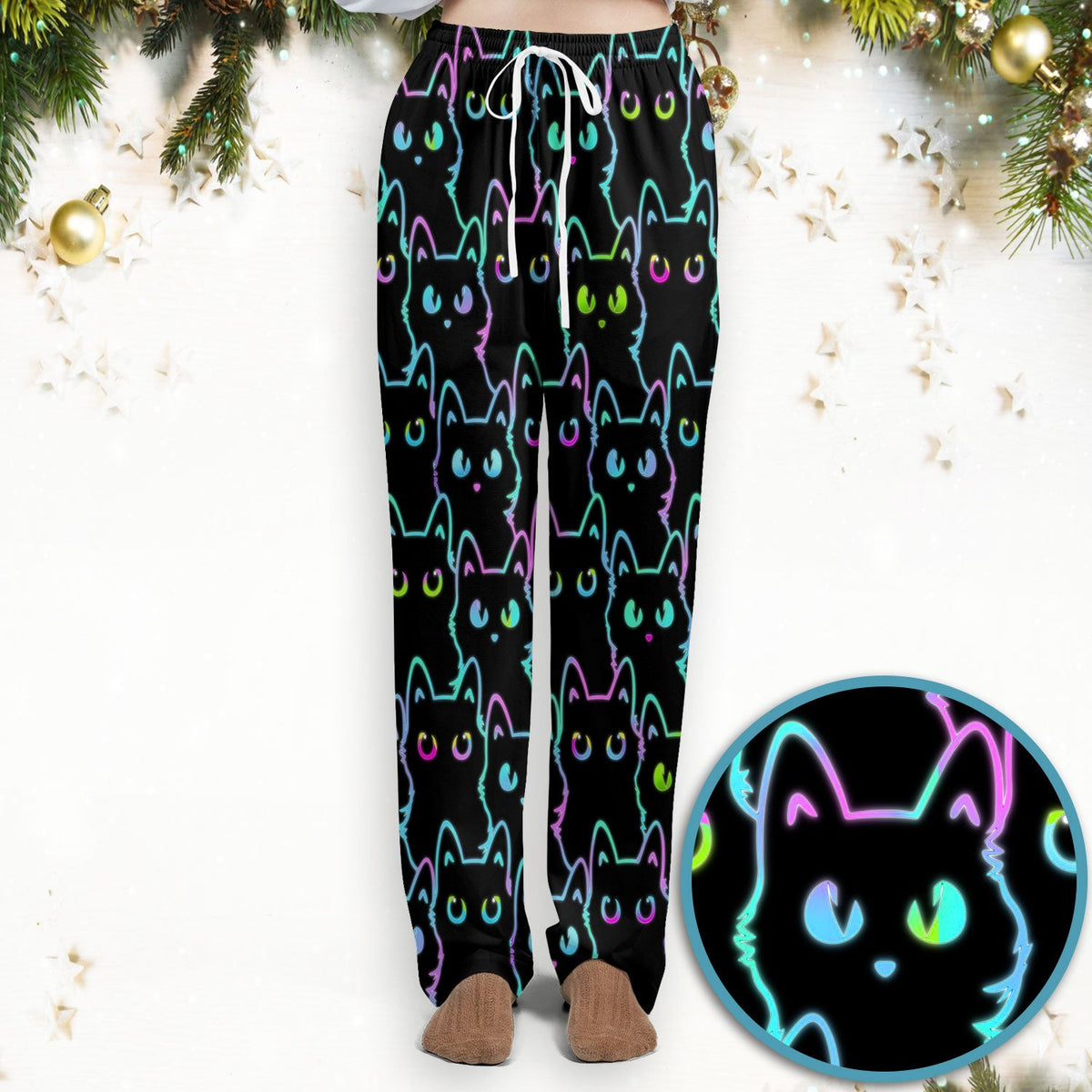 Neon Cat Pattern Scrub Set, Black Cat Scrub Shirt, Breathable Fabrics Nursing Uniform