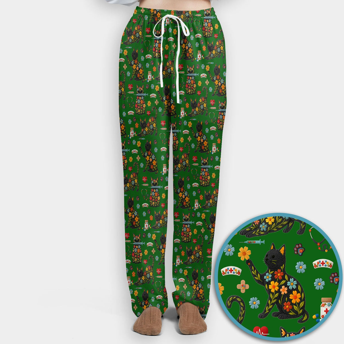 Floral Black Cat Nurse Scrub Set