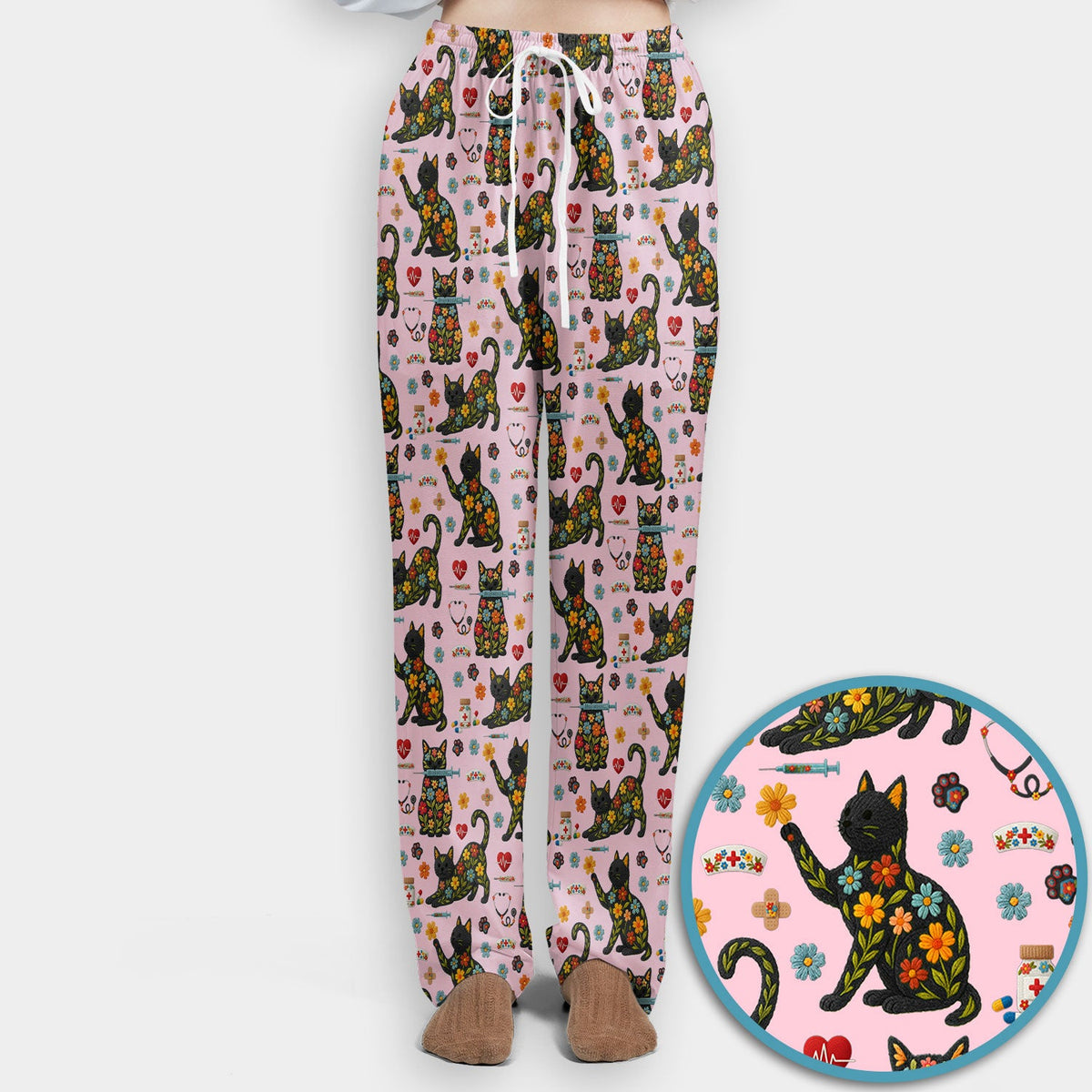 Floral Black Cat Nurse Scrub Set