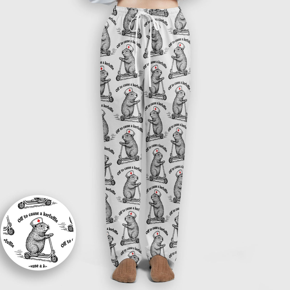 Funny Nurse Mouse Scooter Print Women's Scrub Set, Scrub Pants and V Neck Top