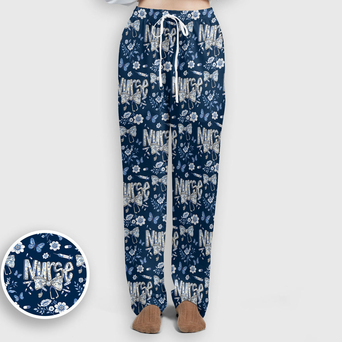 Blue Nurse Bow Butterfly Floral Scrub Set