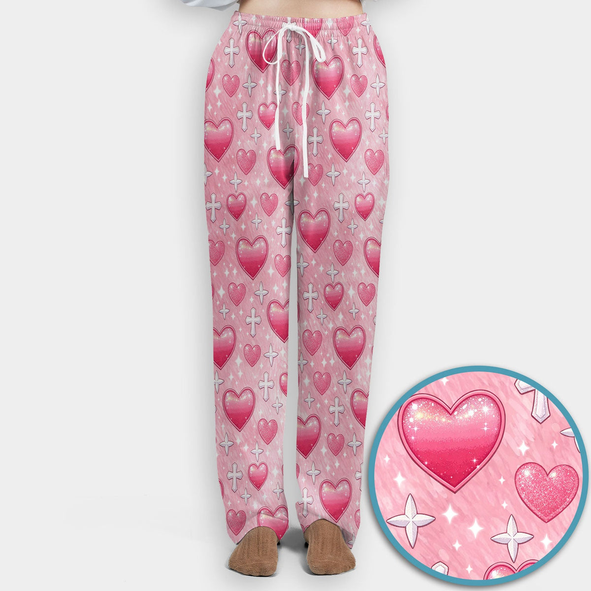 Pink Heart & Cross Pattern Scrub Set, Scrub Pants and V Neck Top