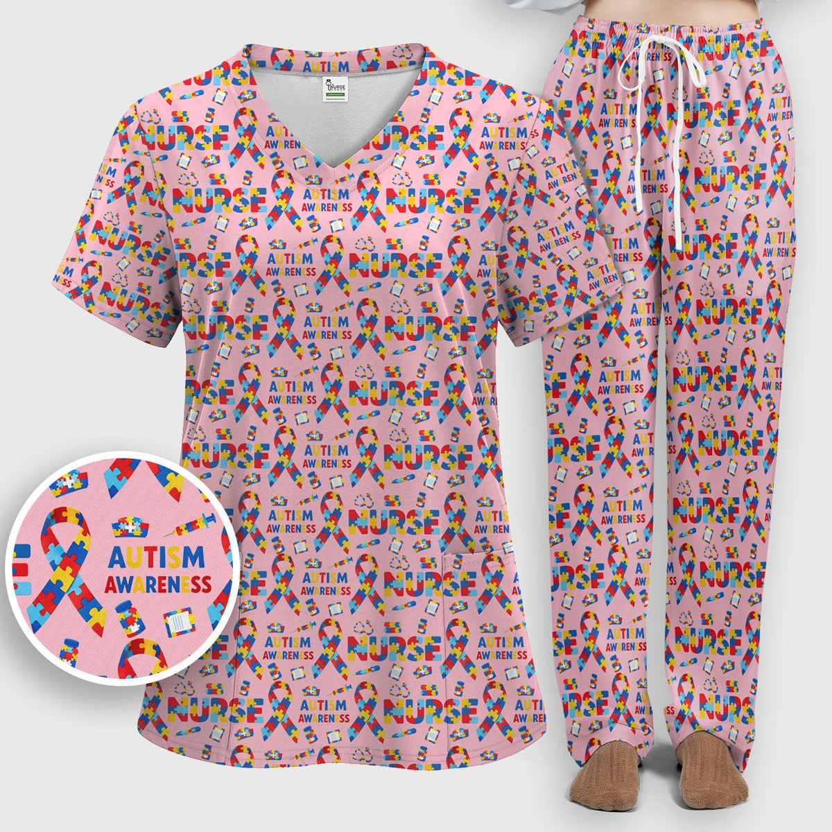 Autism Awareness Puzzle Ribbon Nurse Scrub Set
