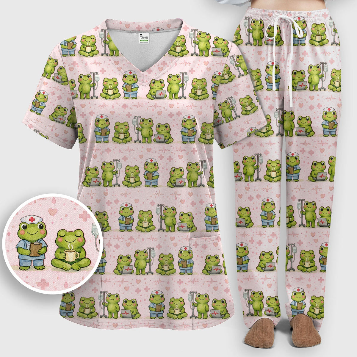Adorable Frog Various Poses Nurse Scrub Set