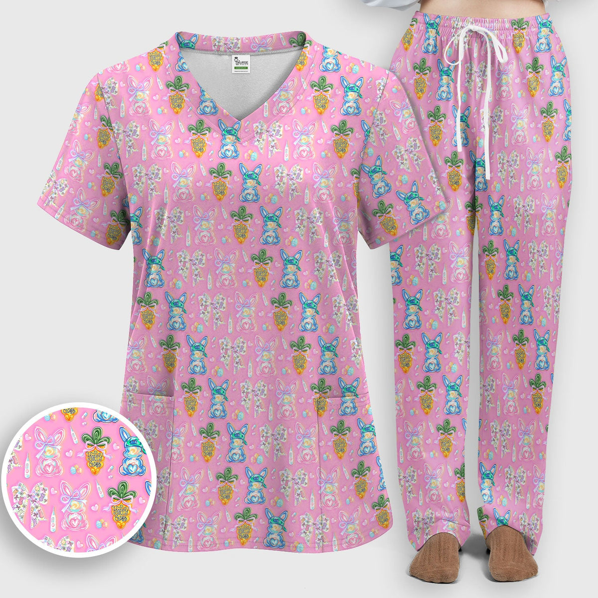 Bunny Carrot Bow Nurse Scrub Set - Easter Gift