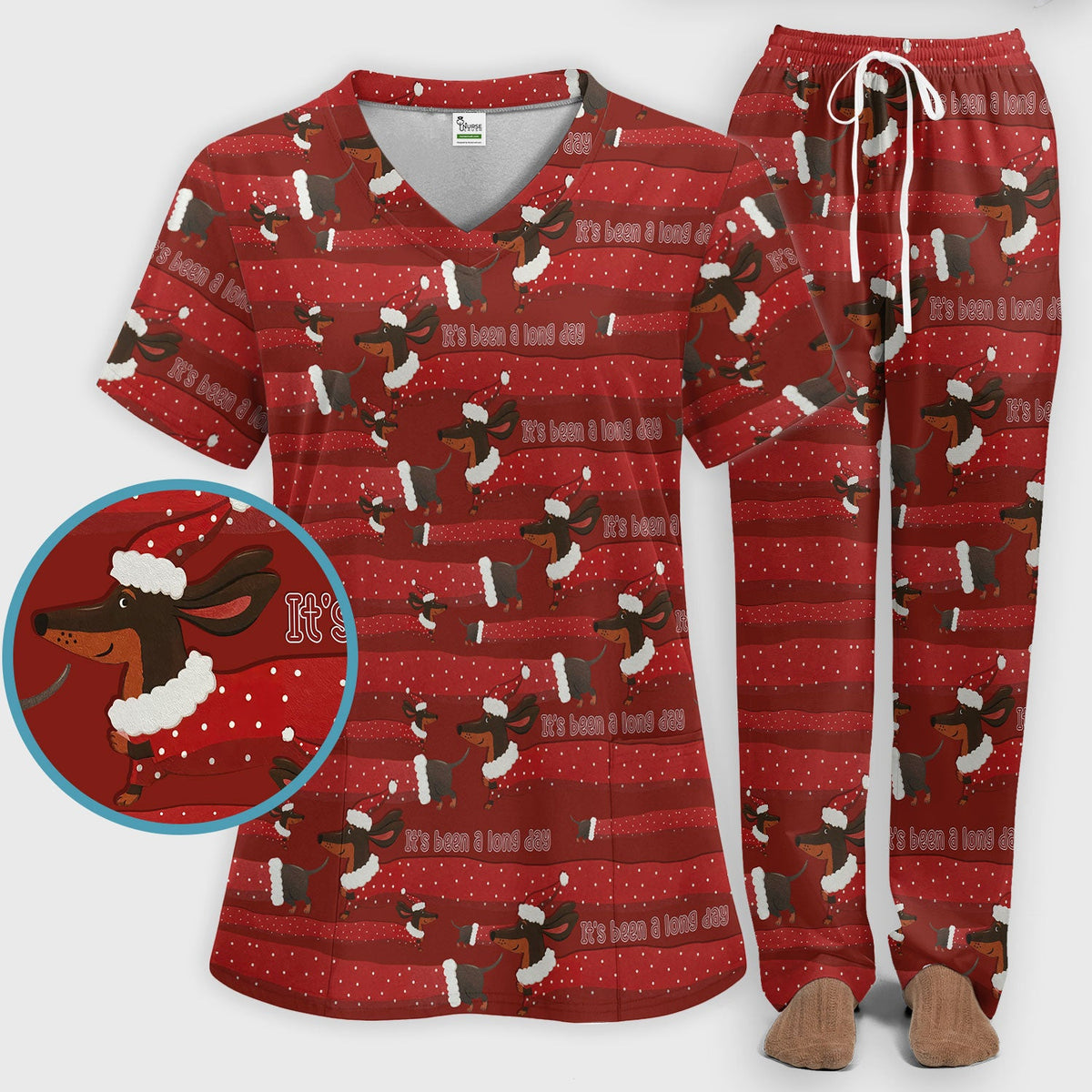 Funny Dachshund Christmas Scrub Set - It's Been a Long Day - Cute Wiener Dog Scrubs Pants and V Neck Top - Medical Uniform for Women