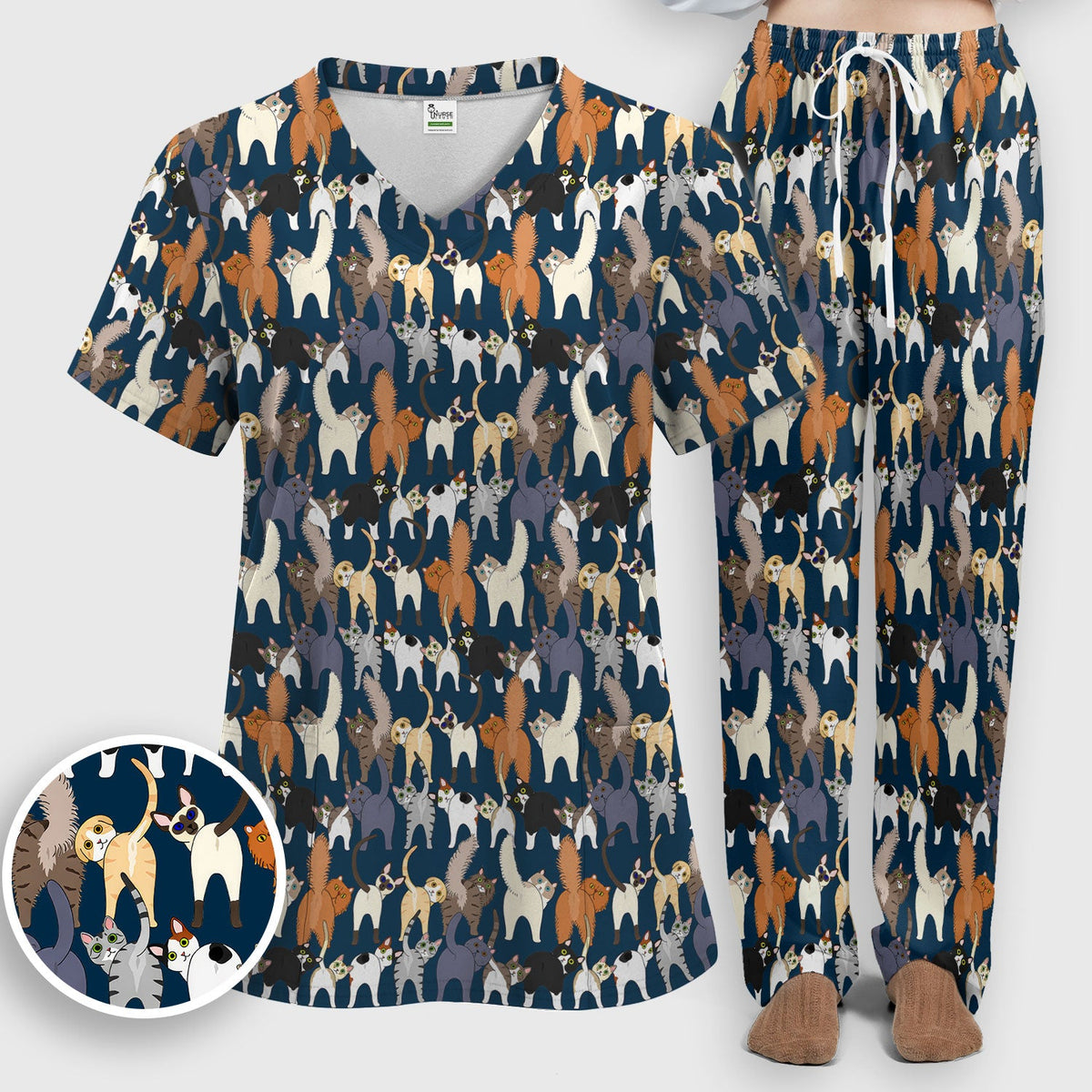 Whimsical Multicolor Cat Cartoon Nurse Scrub Set