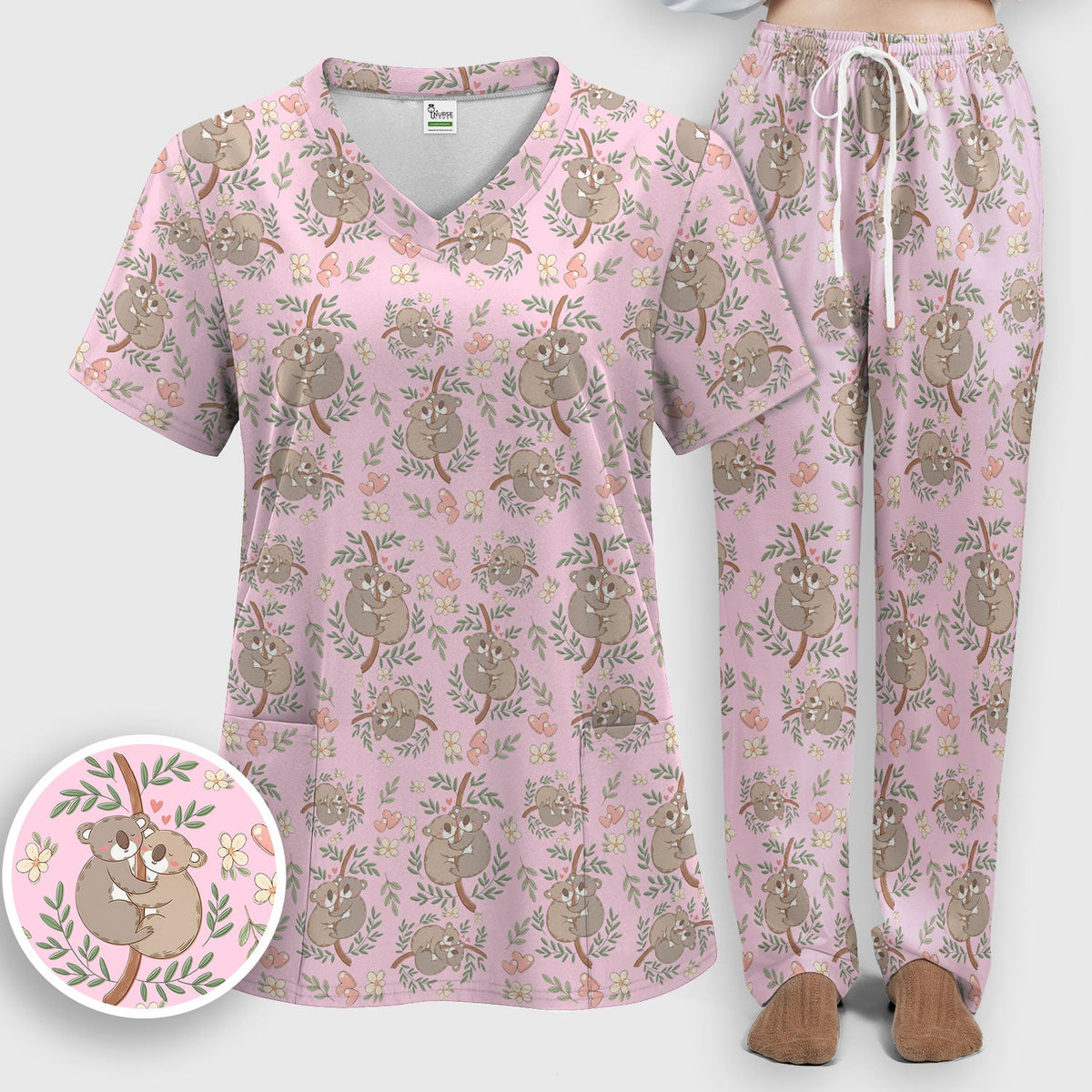 Koala Couple Floral Nurse Scrub Set