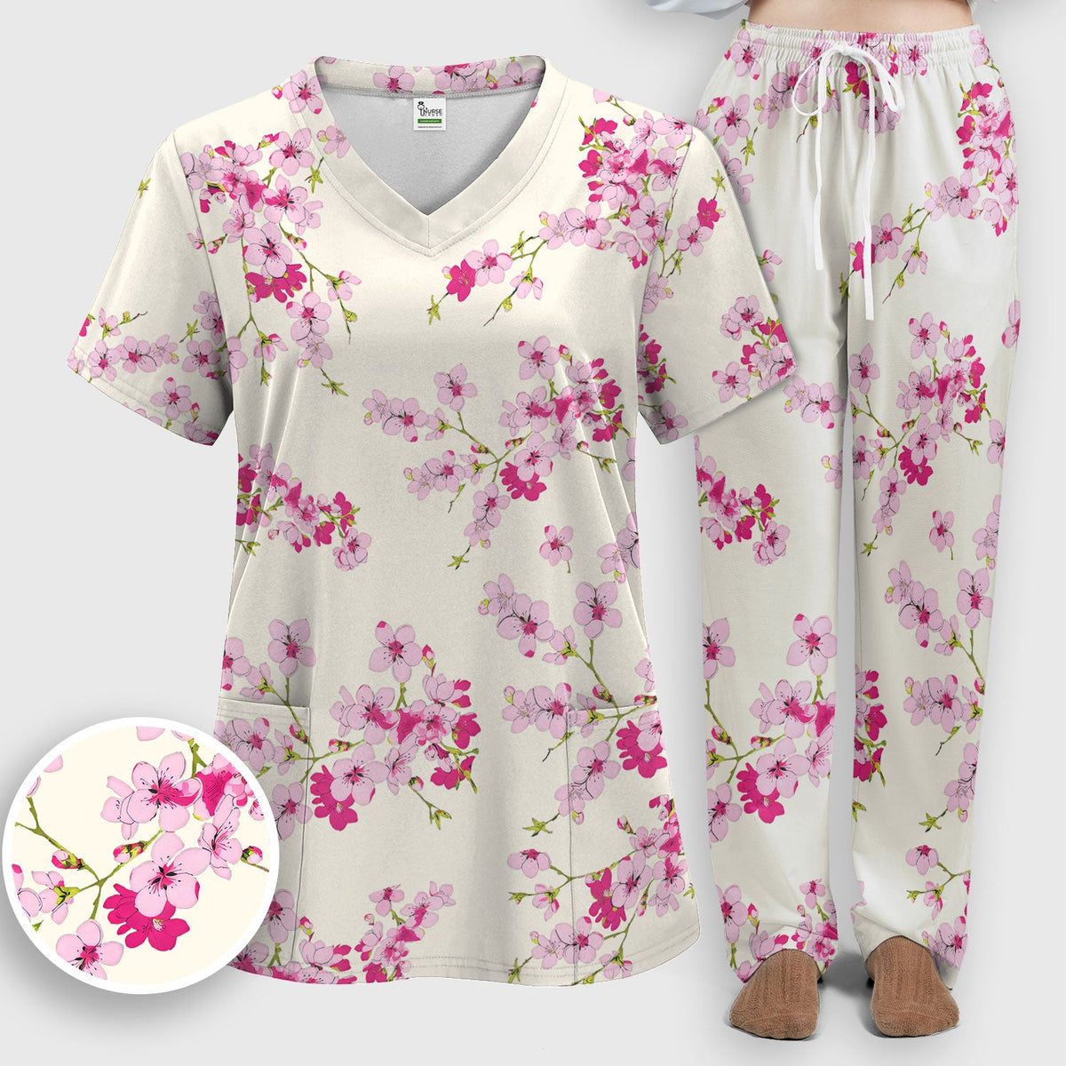 Elegant Cherry Blossom Nurse Scrub Set