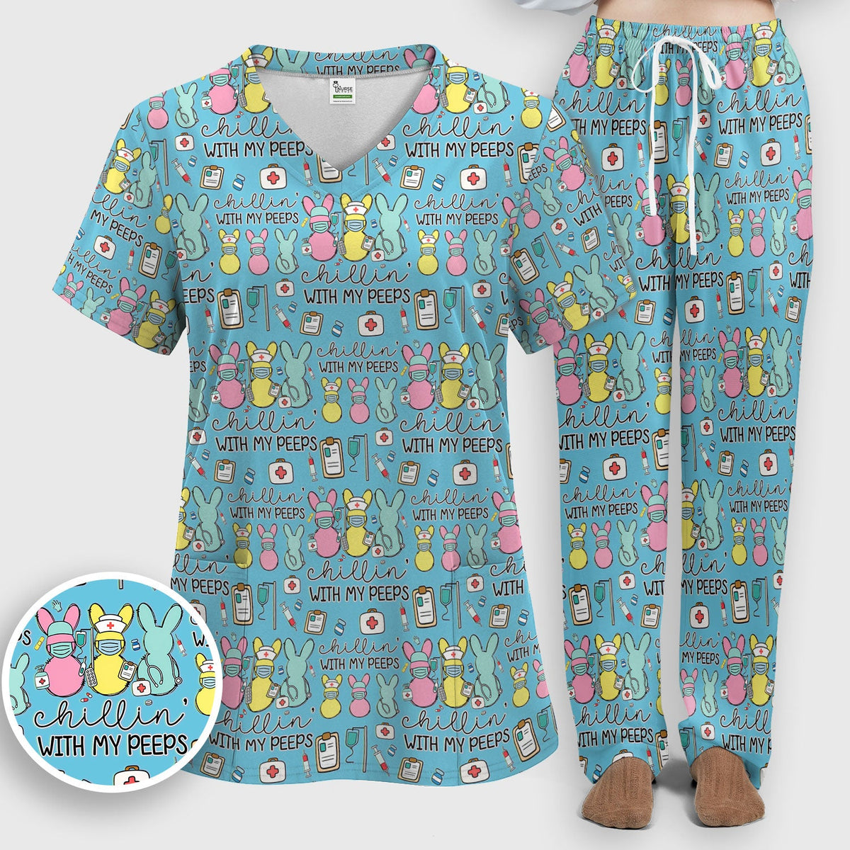 Bunny Nurse Chillin With My Peeps Scrub Set - Easter Gift