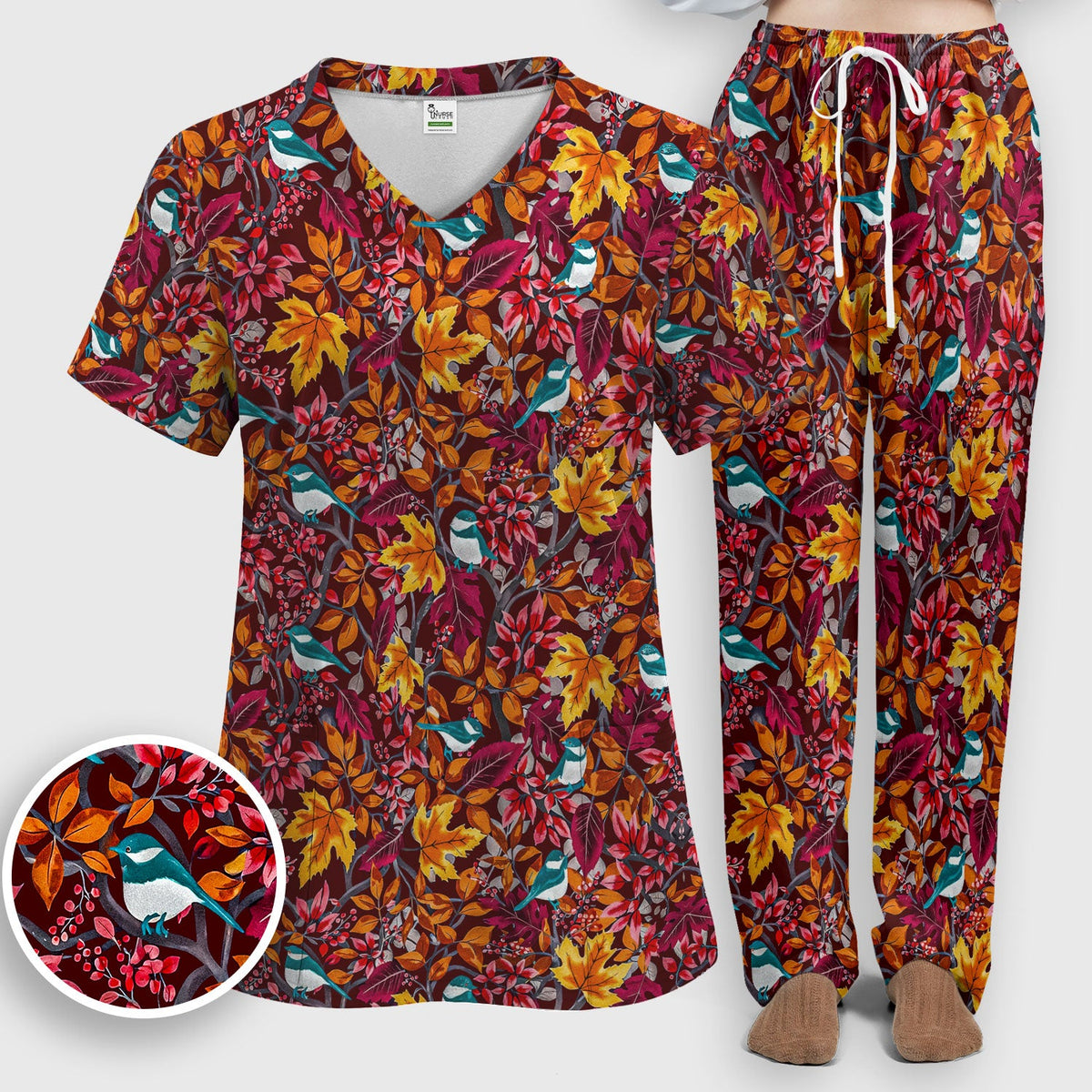 Autumn Leaves Blue Bird Nurse Scrub Set
