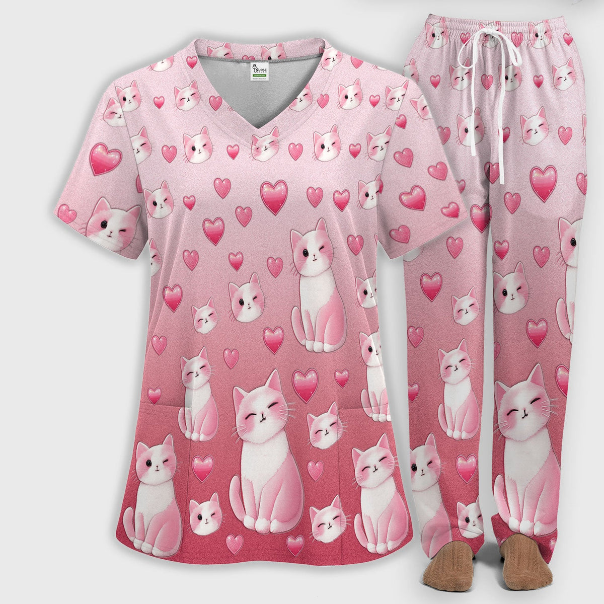 Valentine Cat Heart Nurse Scrub Set