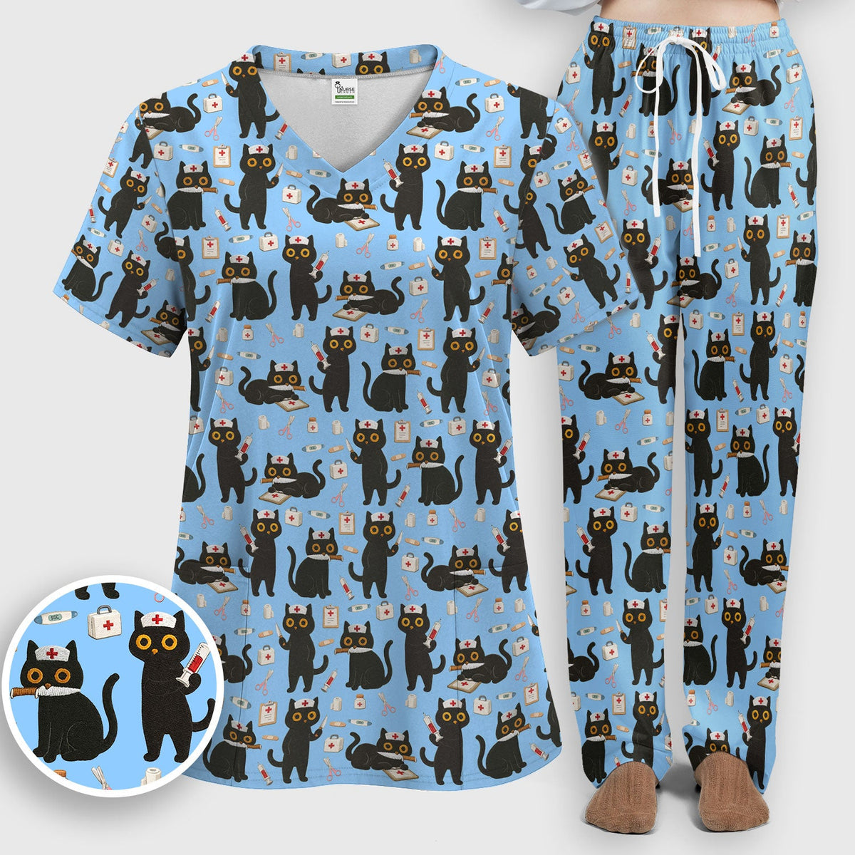 Cute Teal Black Cat Nurse Scrub Set