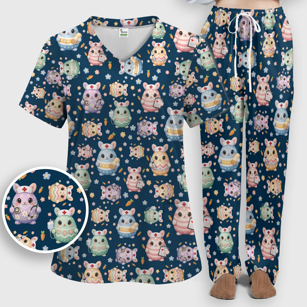 Bunny Pastel Floral Nurse Scrub Set