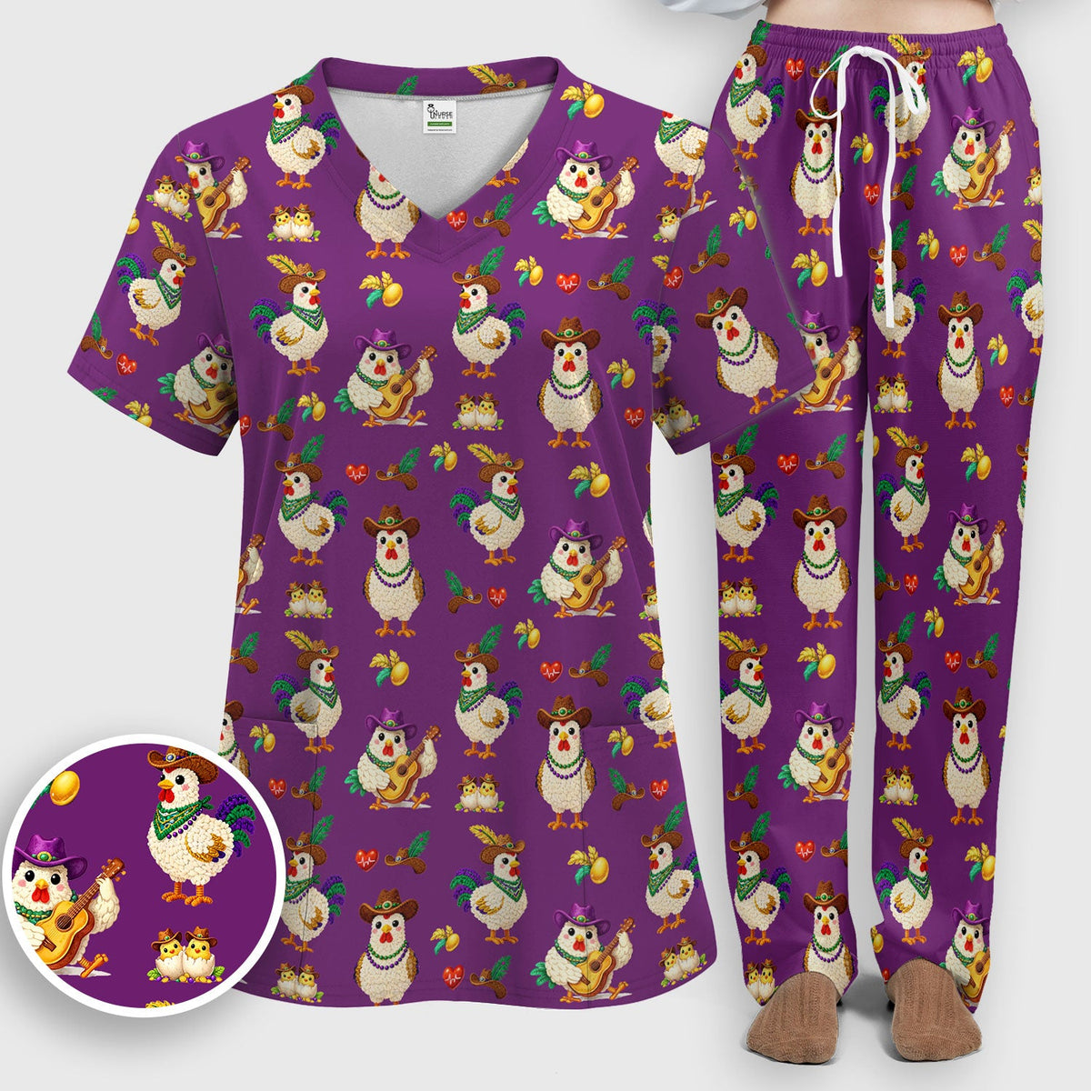 Mardi Gras Rooster Cowboy Nurse Scrub Set