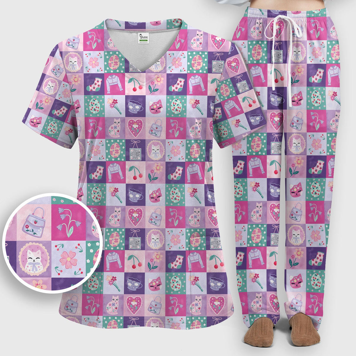 Pastel Cat Patchwork Kawaii Nurse Scrub Set