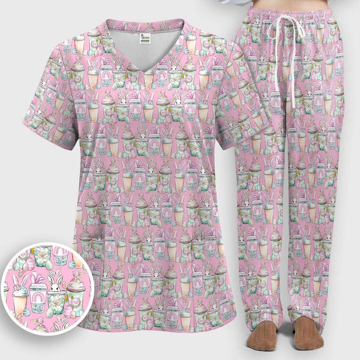 Bunny Coffee Cup Nurse Scrub Set - Easter Gift