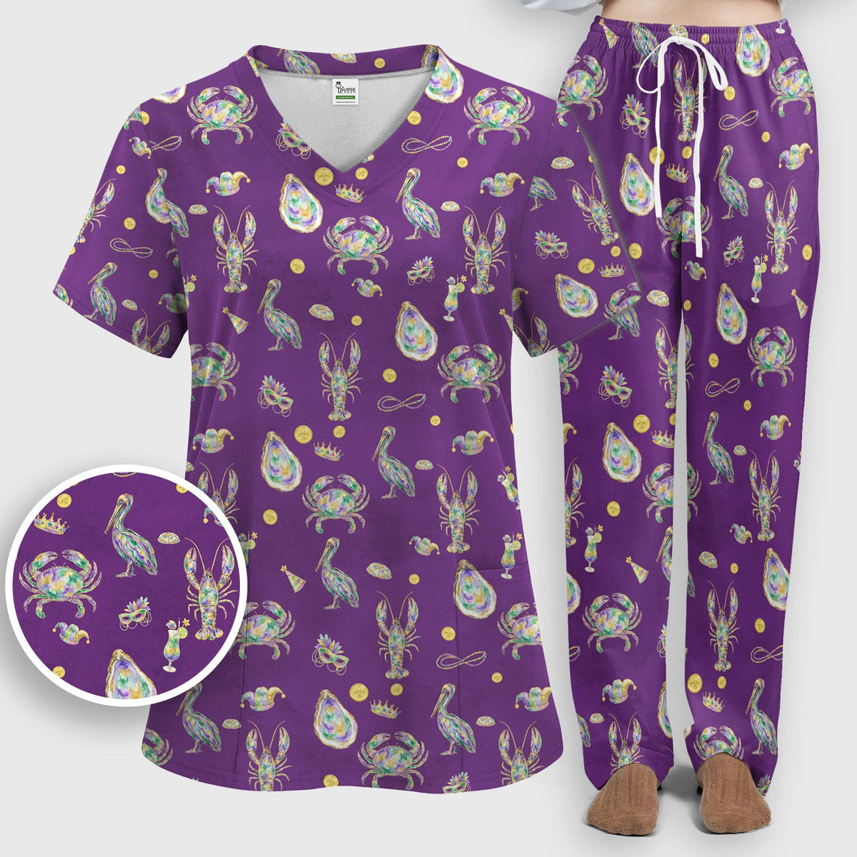 Mardi Gras Seafood Nurse Scrub Set