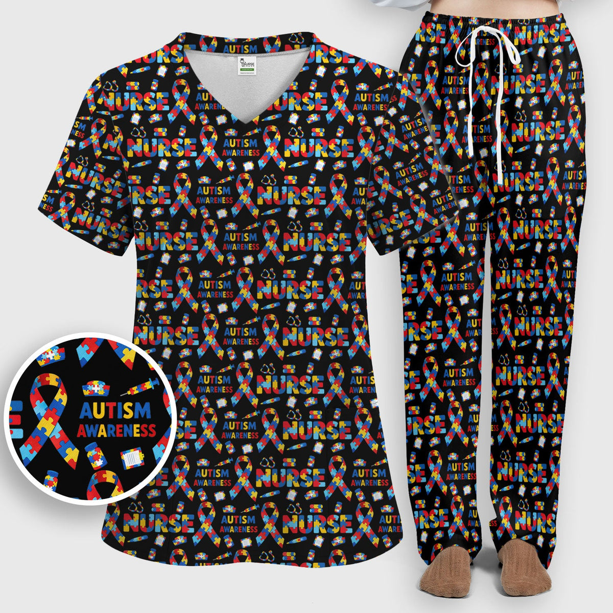 Autism Awareness Puzzle Ribbon Nurse Scrub Set