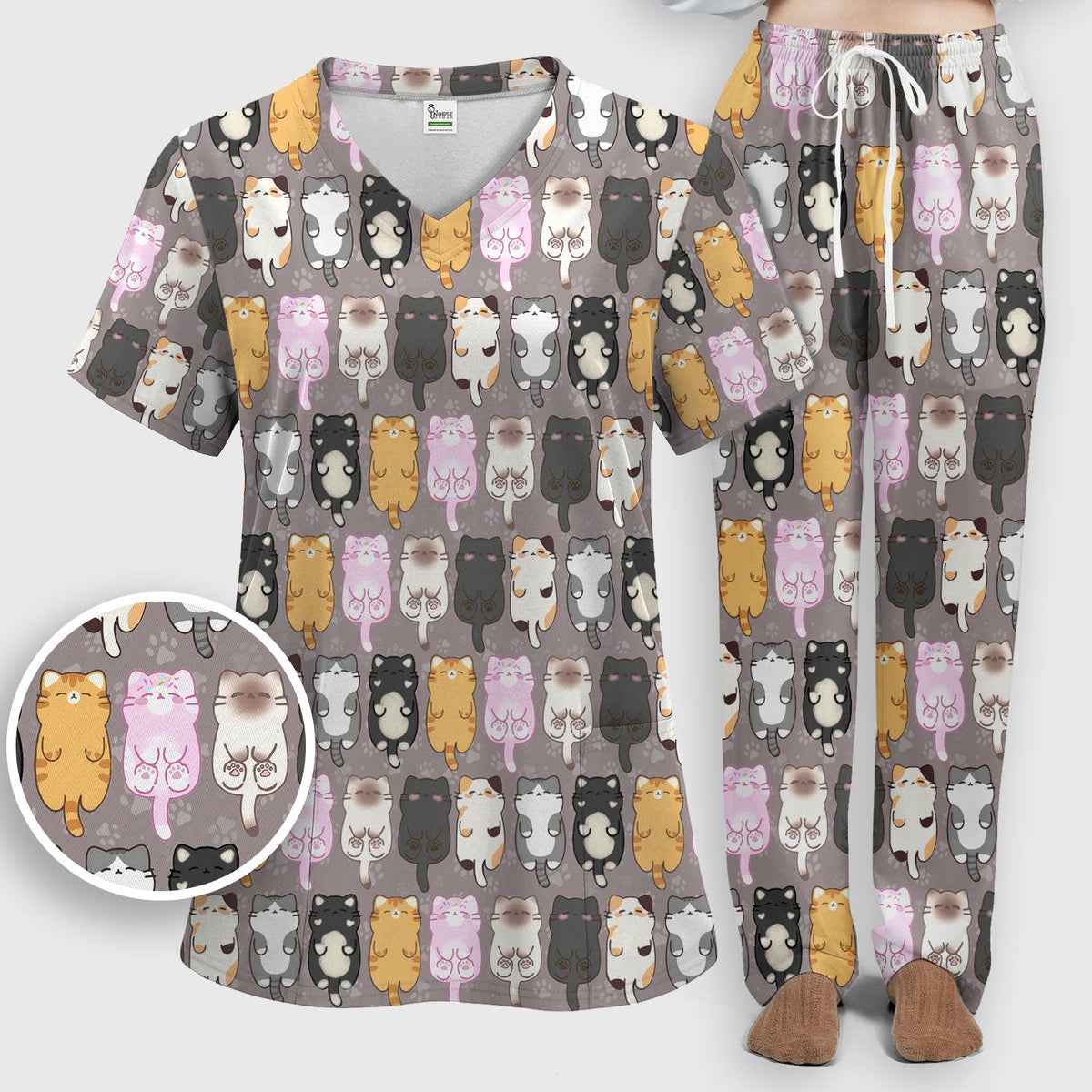 Cartoon Cats All Over Nurse Scrub Set
